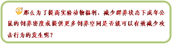 圆角矩形:  那么为了提高实验动物福利，减少群养状态下成年公鼠的饲养密度或提供更多饲养空间是否就可以有效减少攻击行为的发生呢？